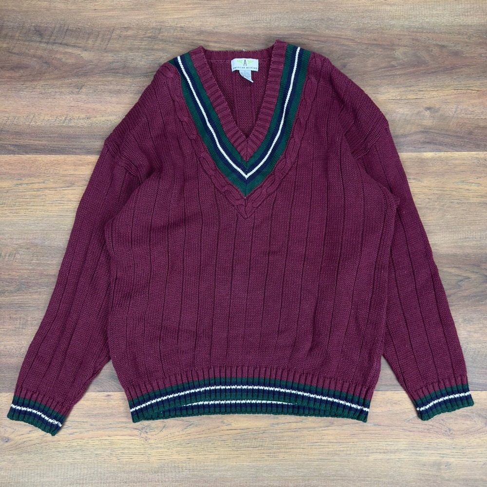 Vintage American Weekend Burgundy V-Neck Cable Knit Collegiate Sweater Mens Lrg
